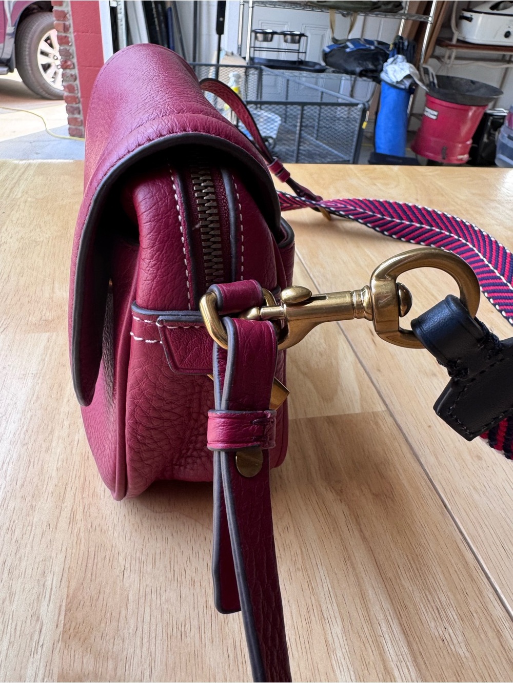 J.Crew Red leather crossbody with red and navy strap - Picture 5 of 12